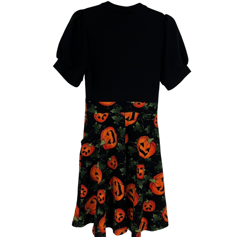 Womens Halloween Dress Small Jack O Lantern Pumpkin Puff Sleeve Fit and Flare - Picture 7 of 9